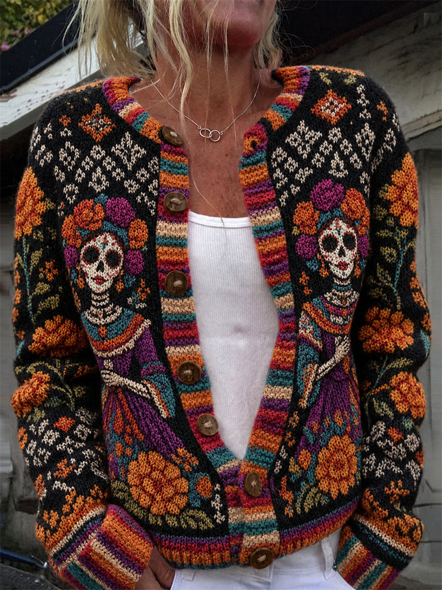 Cárdigan con estampado de calaveras de azúcar del Día de Muertos, flores mexicanas y diseño de isla para mujer
