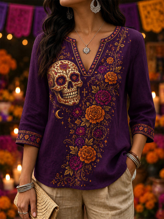 Camiseta informal con cuello en V y estampado artístico mexicano del Día de los Muertos para mujer