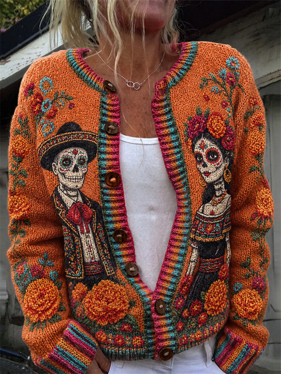 Día de la mujer de los cráneos muertos azúcar caléndulas mexicanas Floral Isle patrón imprimir Cardigan