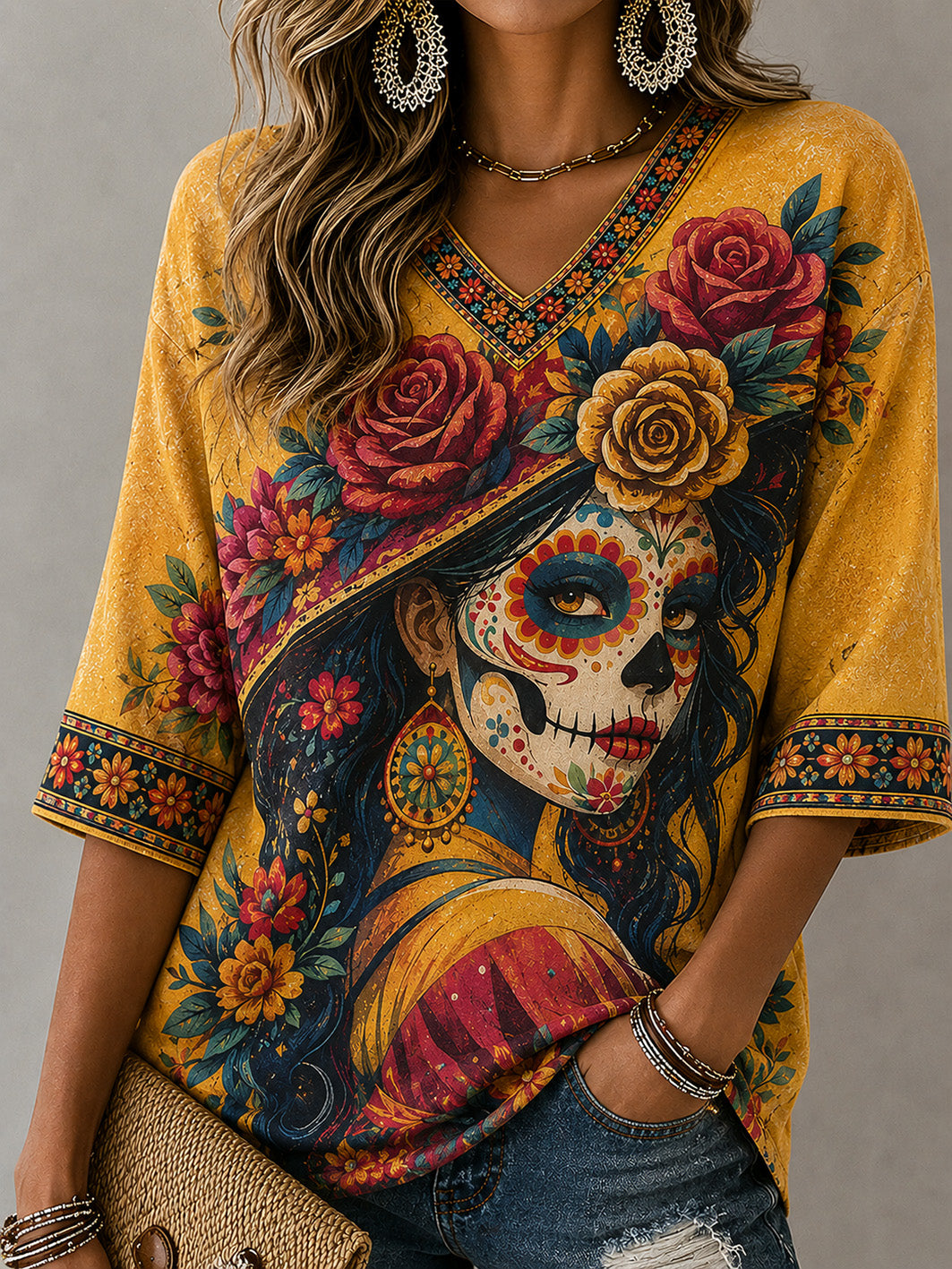 Camiseta casual de manga media con cuello en V, estampada con motivos del Día de la Muerte para mujer