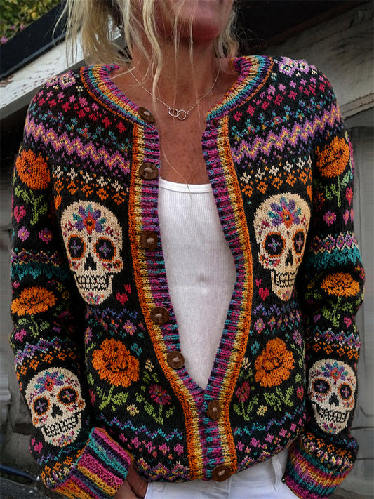 Día de la mujer de los cráneos de azúcar muerto mexicano Floral Isle patrón imprimir Cardigan