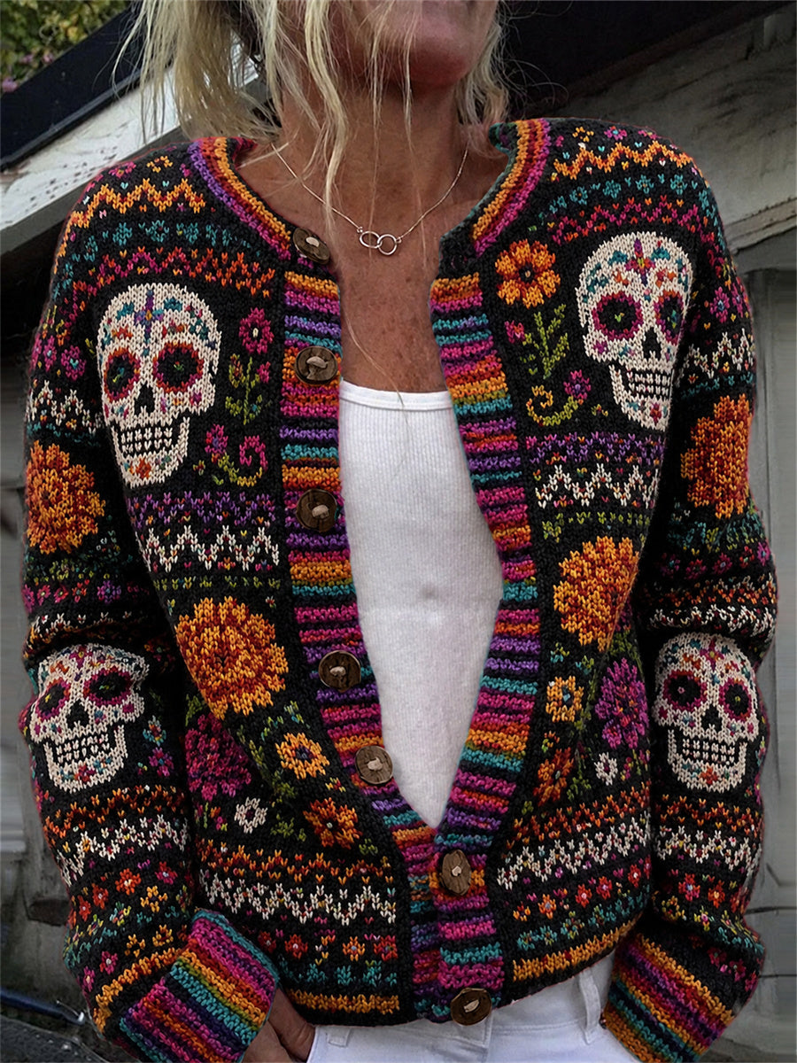 Cárdigan con estampado de calaveras de azúcar del Día de Muertos, flores mexicanas y diseño de isla para mujer