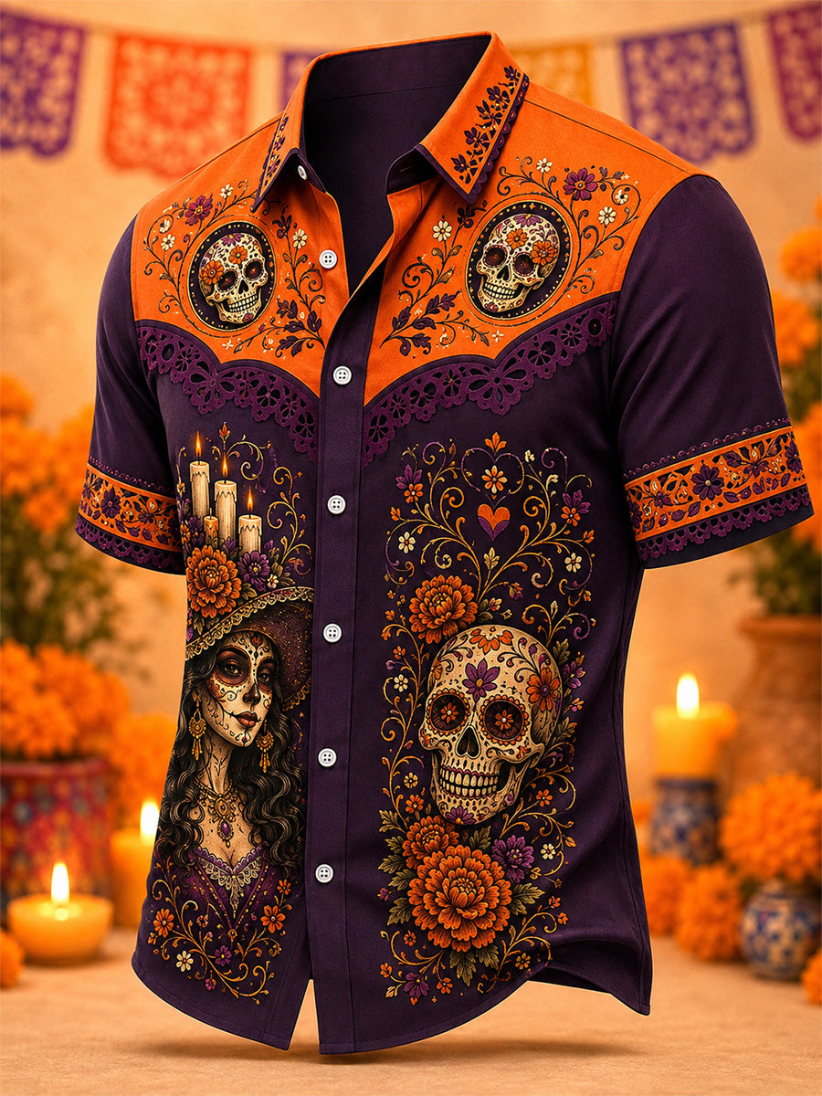 Camisa casual con estampado artístico del Día de los Muertos mexicano para hombre