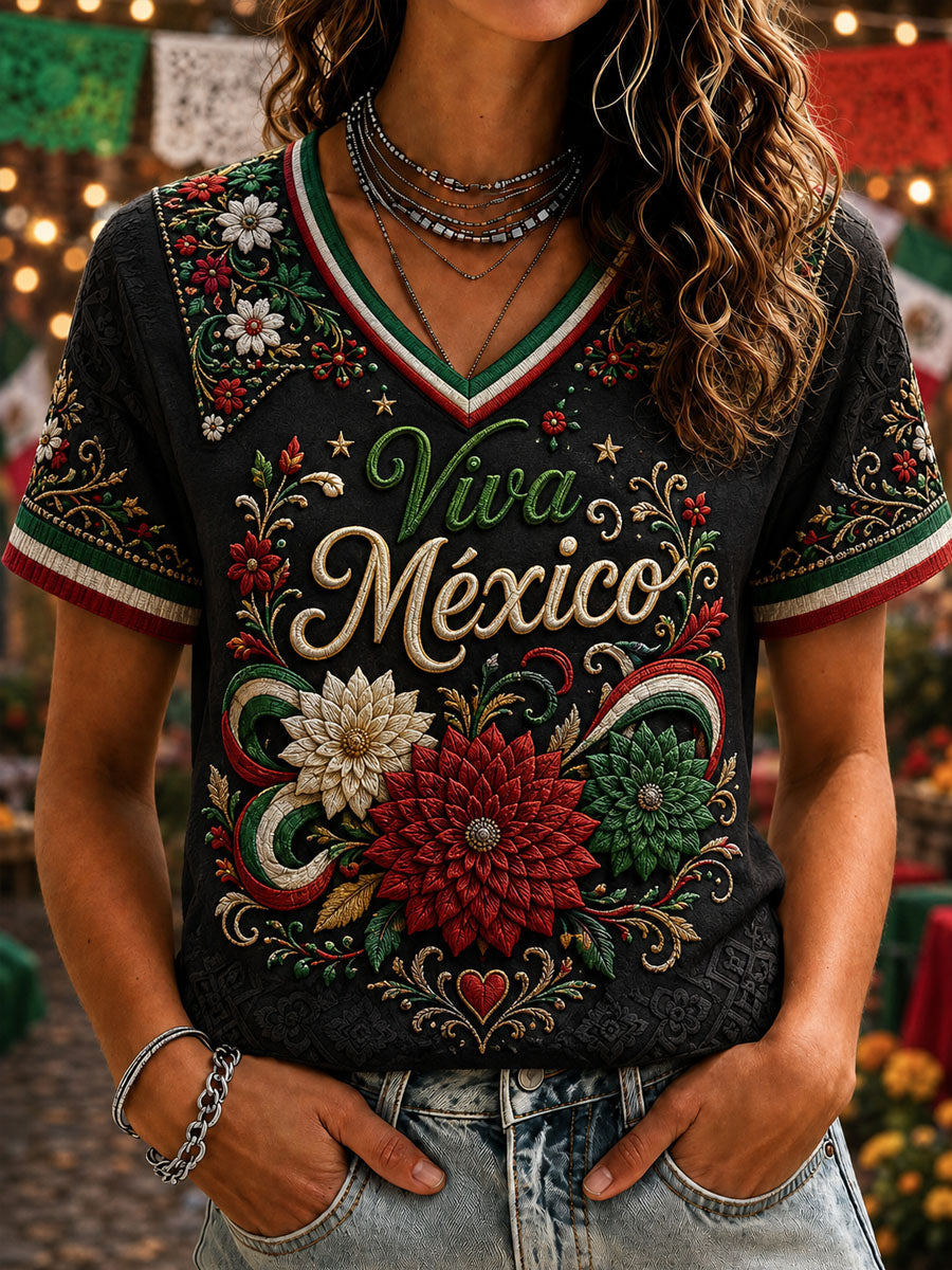 Camiseta Casual con Estampado del Día de la Independencia de México para mujer
