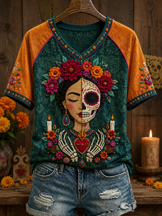 Camiseta estampada con arte floral del Día de los Muertos mexicano para mujer