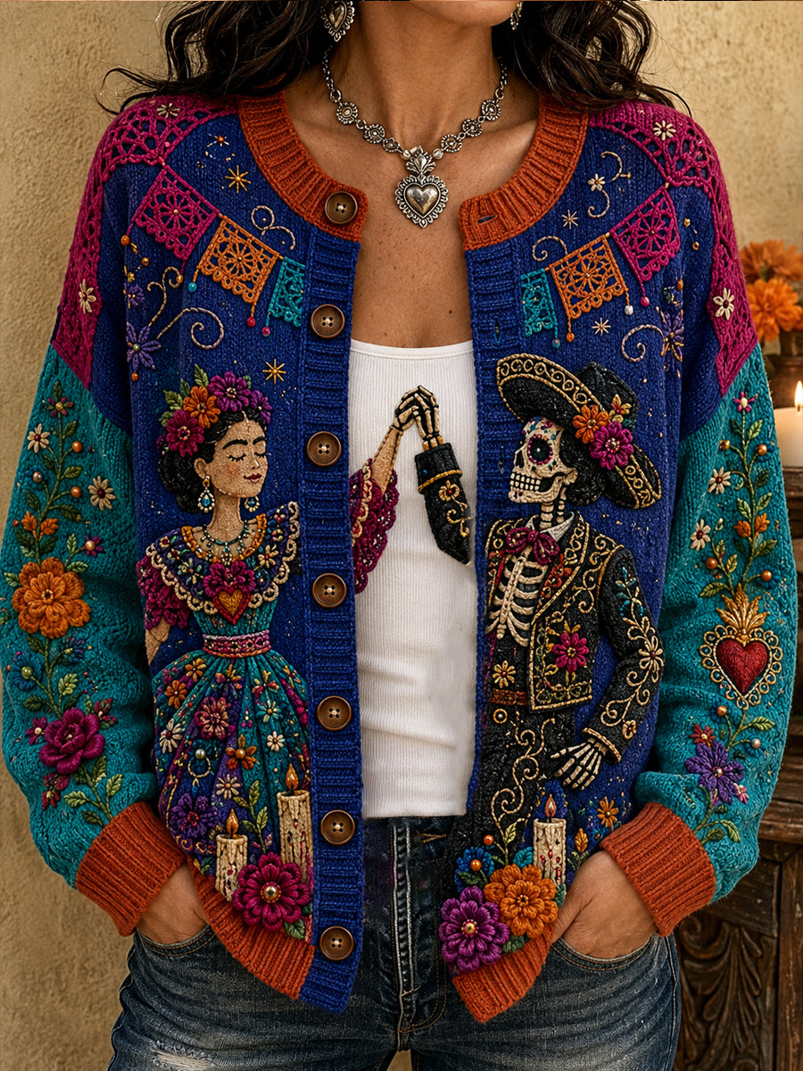 Chaqueta de punto estilo cárdigan para mujer, con estampado floral inspirado en el Día de los Muertos de México