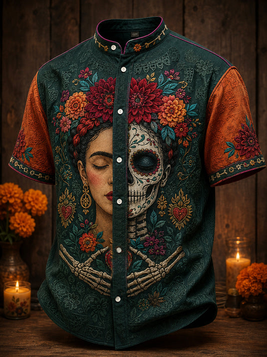 Camisa estampada con diseño floral del Día de los Muertos mexicano para hombre