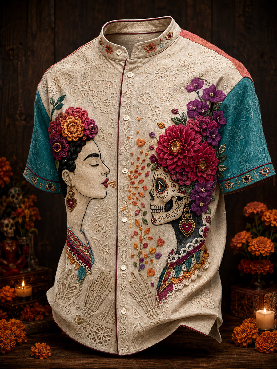 Camisa estampada con diseño floral del Día de los Muertos mexicano para hombre