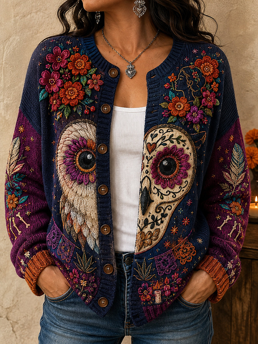 Chaqueta de punto estilo cárdigan para mujer, con estampado floral inspirado en el Día de los Muertos de México