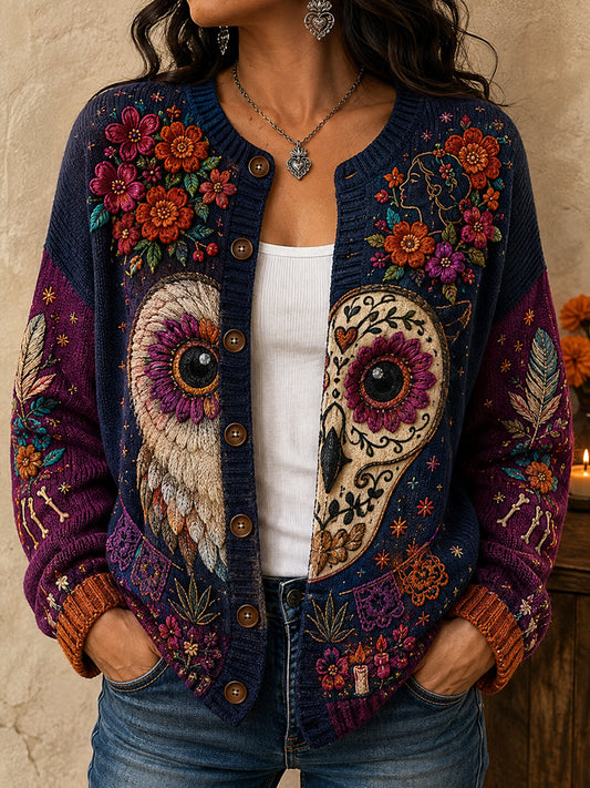 Chaqueta de punto estilo cárdigan para mujer, con estampado floral inspirado en el Día de los Muertos de México