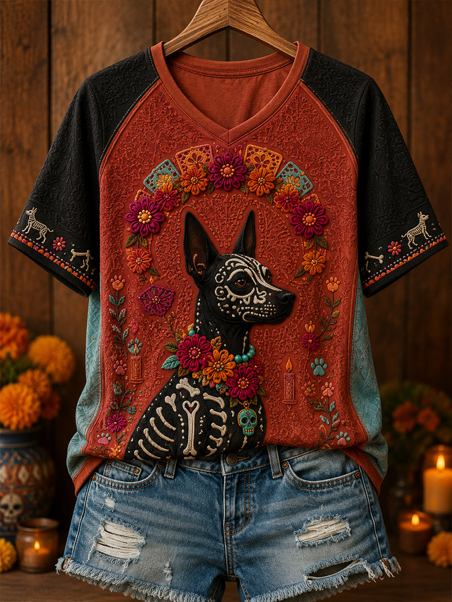 Camiseta estampada con arte floral del Día de los Muertos mexicano para mujer