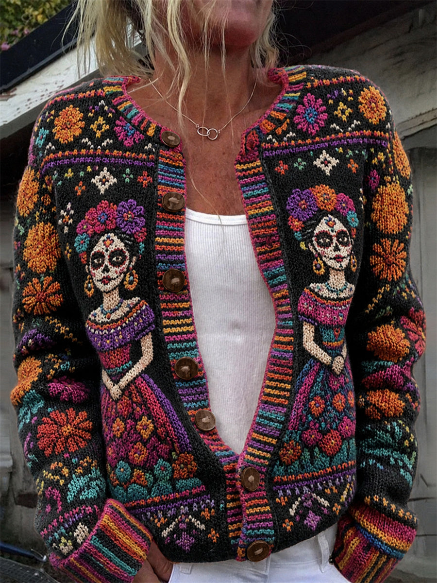 Cárdigan cómodo con estampado floral mexicano de caléndulas para el Día de Muertos de mujer