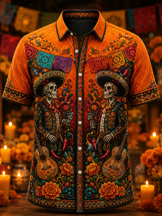 Camiseta de manga corta con estampado artístico del Día de los Muertos de México para hombre