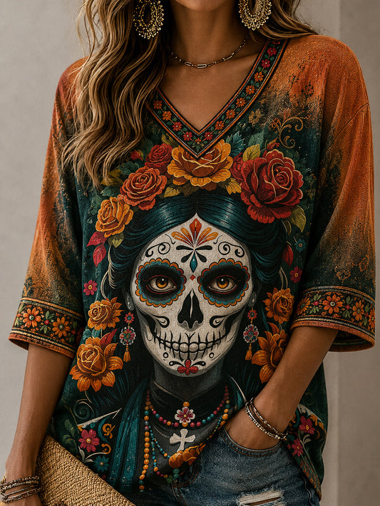 Camiseta casual de manga media con cuello en V, estampada con motivos del Día de la Muerte para mujer