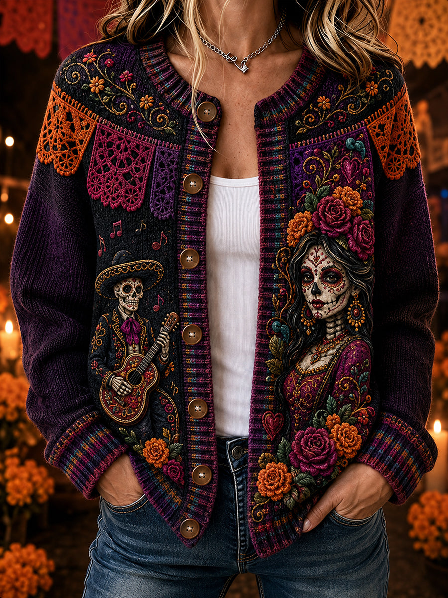 Cárdigan con botones y estampado del Día de los Muertos de México para mujer