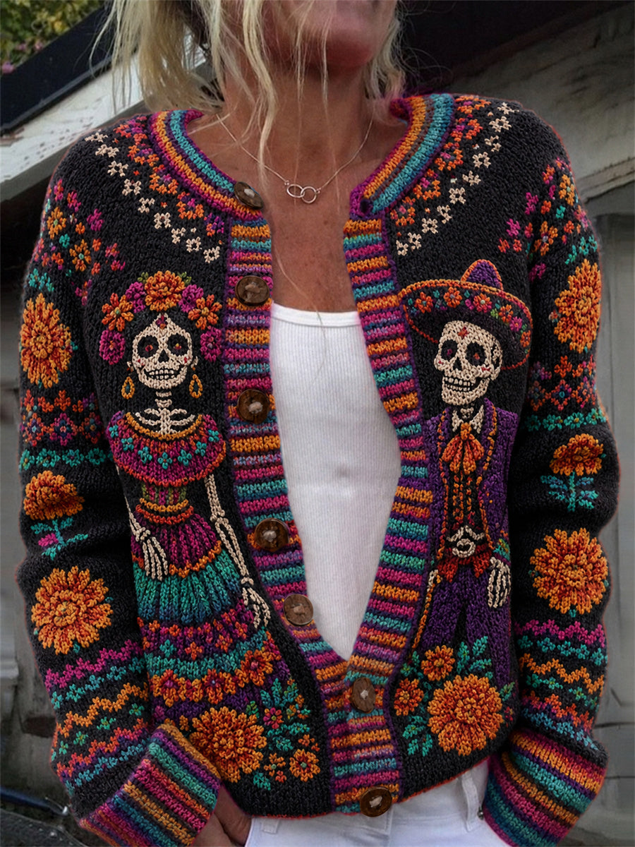 Cárdigan cómodo con estampado floral mexicano de caléndulas para el Día de Muertos de mujer