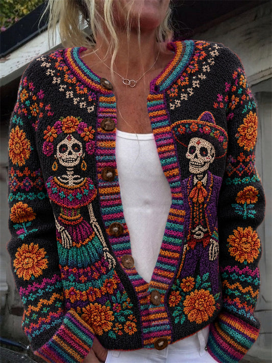 Cárdigan cómodo con estampado floral mexicano de caléndulas para el Día de Muertos de mujer