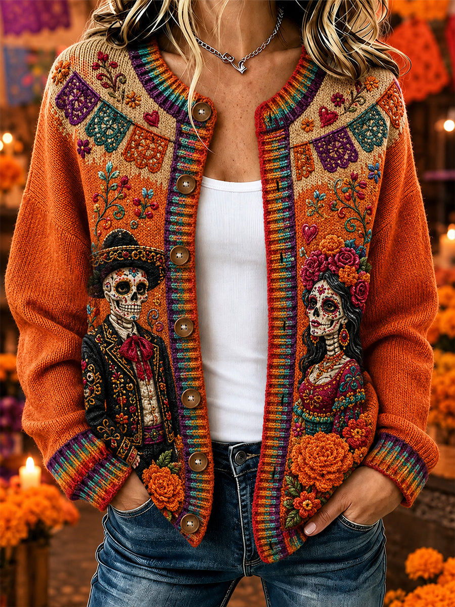 Cárdigan con botones y estampado del Día de los Muertos de México para mujer