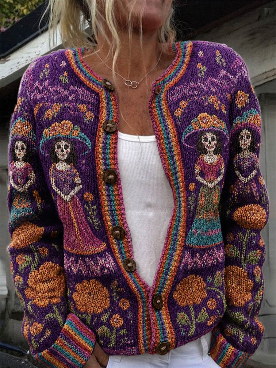 Cárdigan cómodo con estampado floral mexicano de caléndulas para el Día de Muertos de mujer