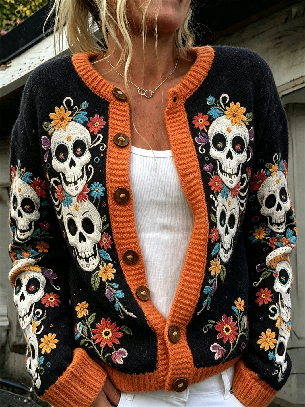 Día de las mujeres de los elementos de estilo muerto patrón de impresión casual chaqueta de punto de estilo cardigan