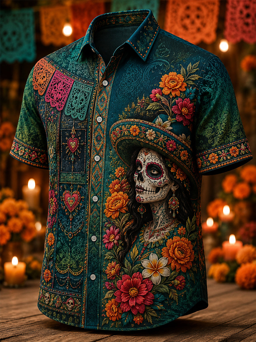 Camiseta de manga corta con estampado artístico del Día de los Muertos de México para hombre