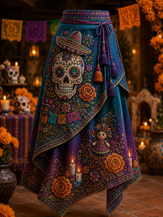 Falda asimétrica estampada con arte del Día de los Muertos de México para mujer