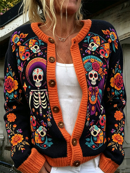 Chaqueta de punto estilo cárdigan casual con estampado de motivos del Día de Muertos para mujer