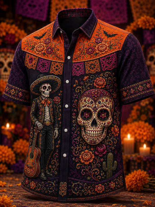 Camiseta de manga corta con estampado artístico del Día de los Muertos de México para hombre