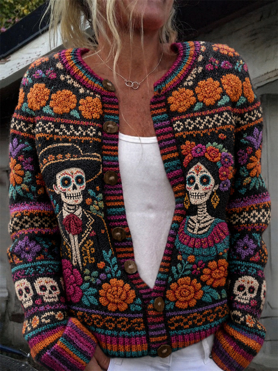 Cárdigan cómodo con estampado floral mexicano de caléndulas para el Día de Muertos de mujer