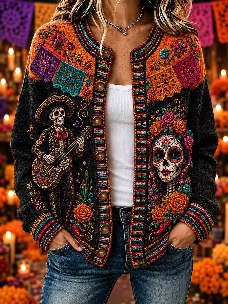 Cardigan con botones estampados del Día de los Muertos de México para mujer
