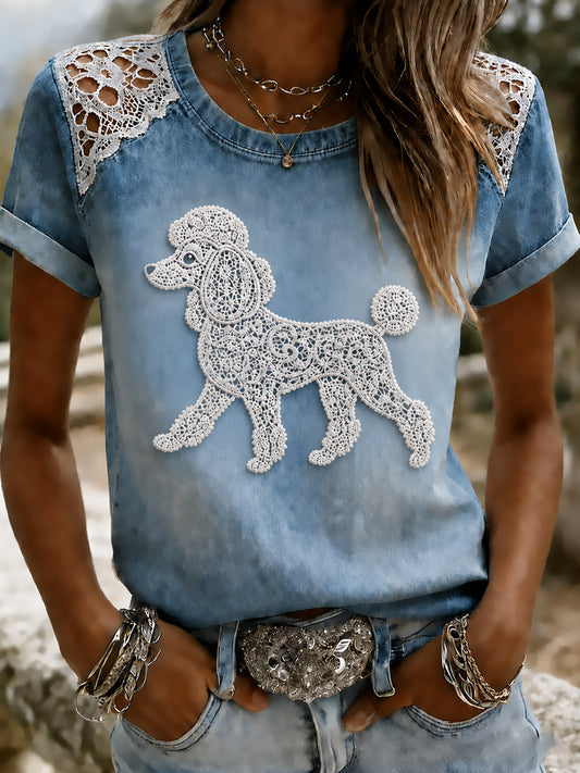 Camiseta de manga corta, holgada, con estampado de perro, estilo vintage y a la moda para mujer