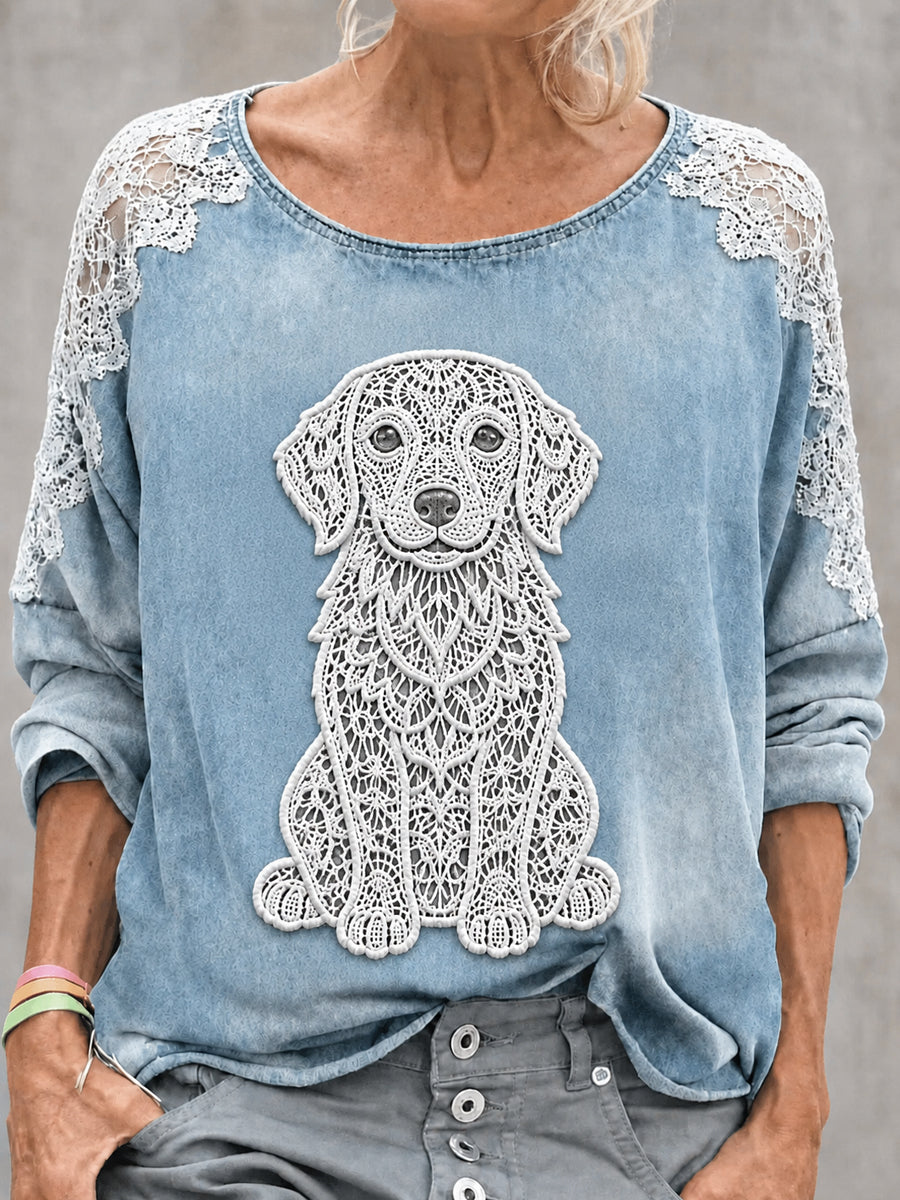 Sudadera de mujer con estampado de perro, cuello redondo y manga larga