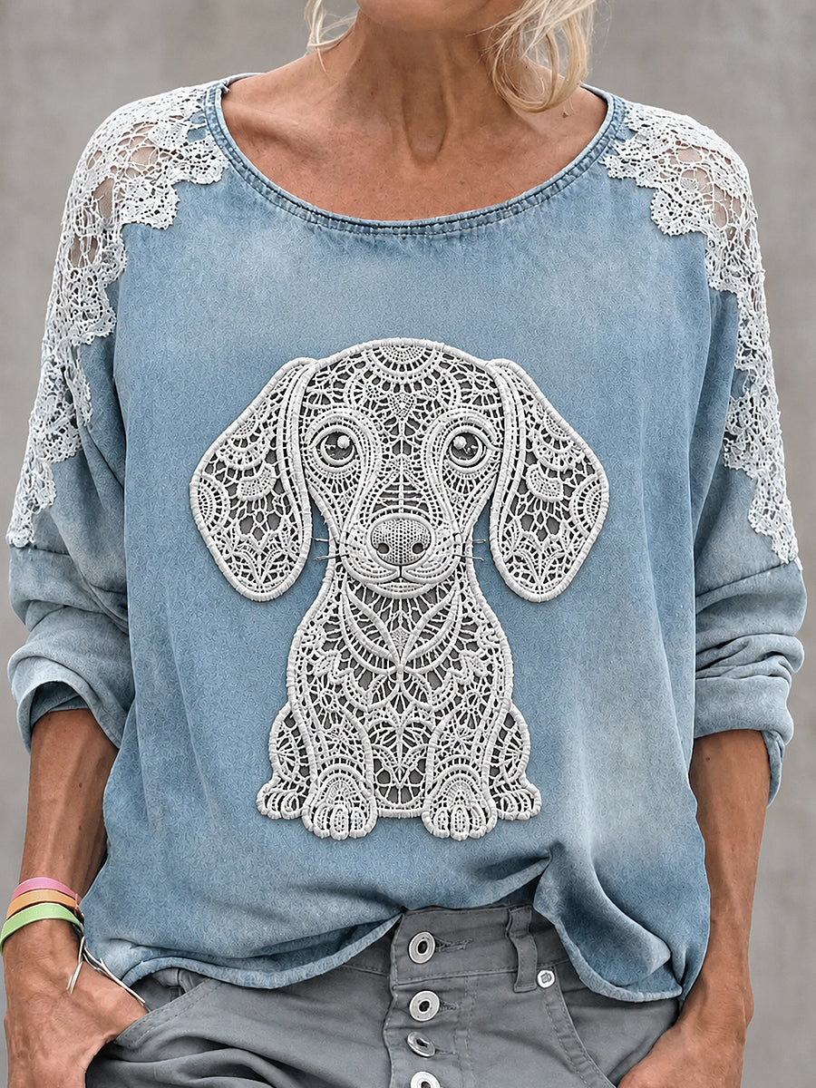 Sudadera de mujer con estampado de perro, cuello redondo y manga larga