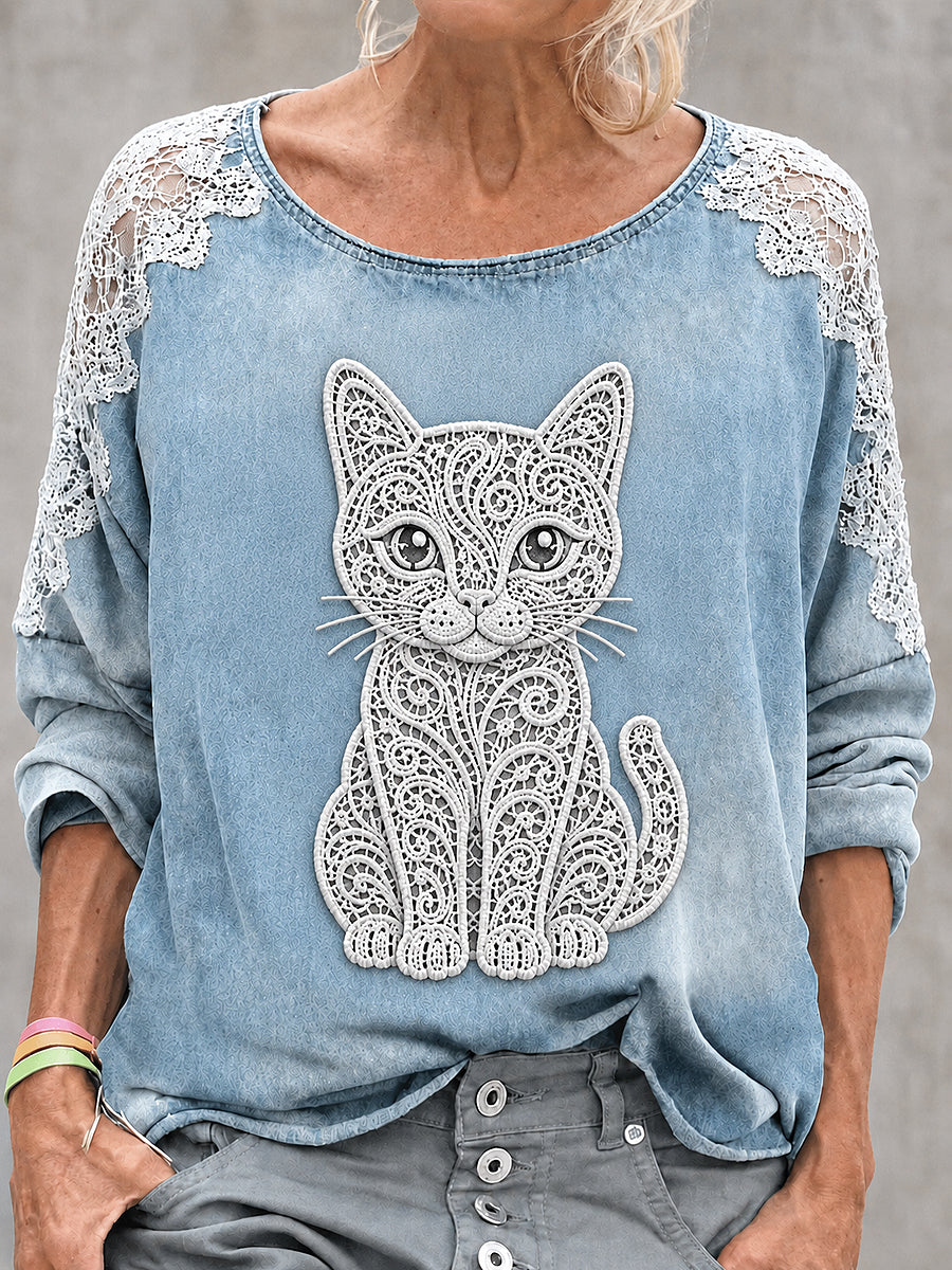 Sudadera de manga larga con cuello redondo y estampado de gato animal para mujer