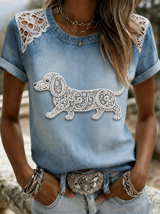 Camiseta de manga corta, holgada, con estampado de perro, estilo vintage y a la moda para mujer