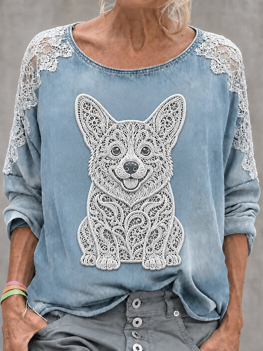 Sudadera de mujer con estampado de perro, cuello redondo y manga larga