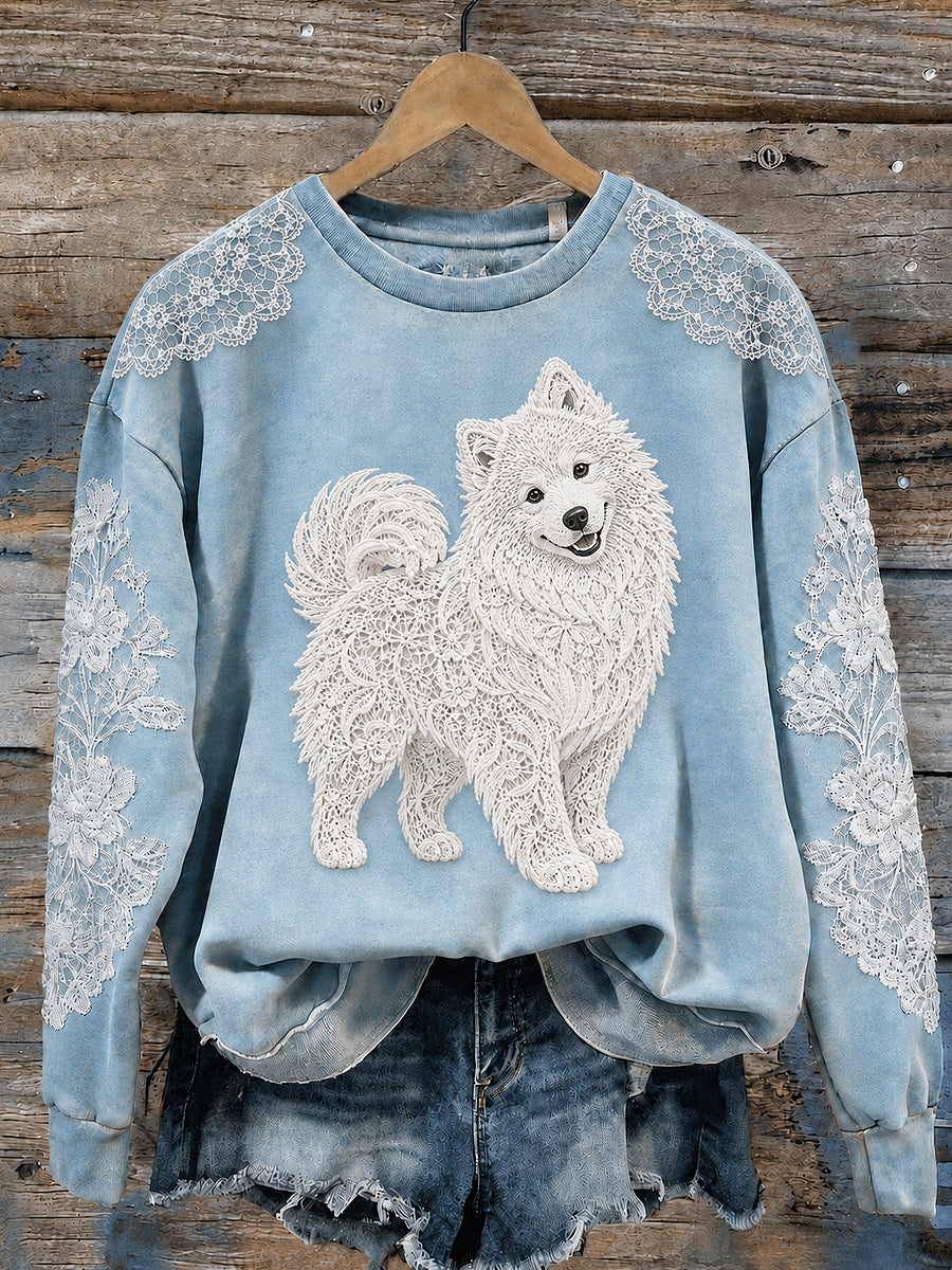 Sudadera de mujer con estampado de perro, cuello redondo y manga larga