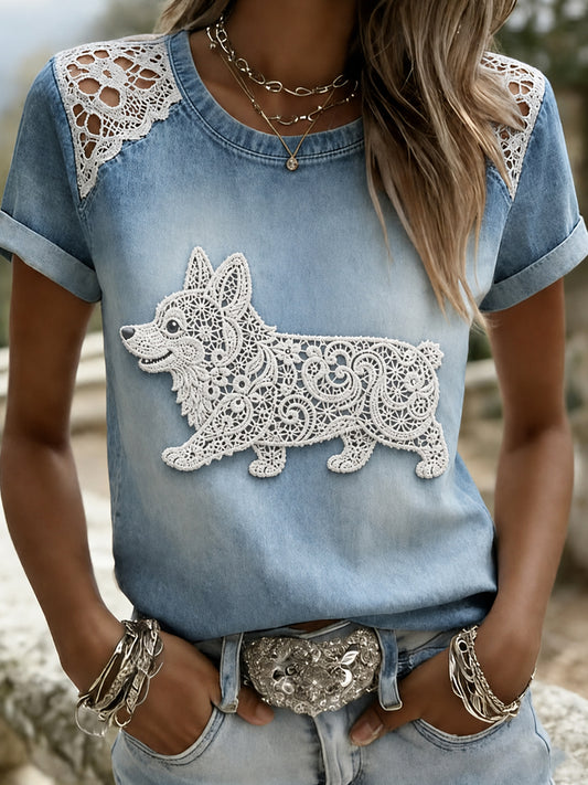 Camiseta de manga corta, holgada, con estampado de perro, estilo vintage y a la moda para mujer