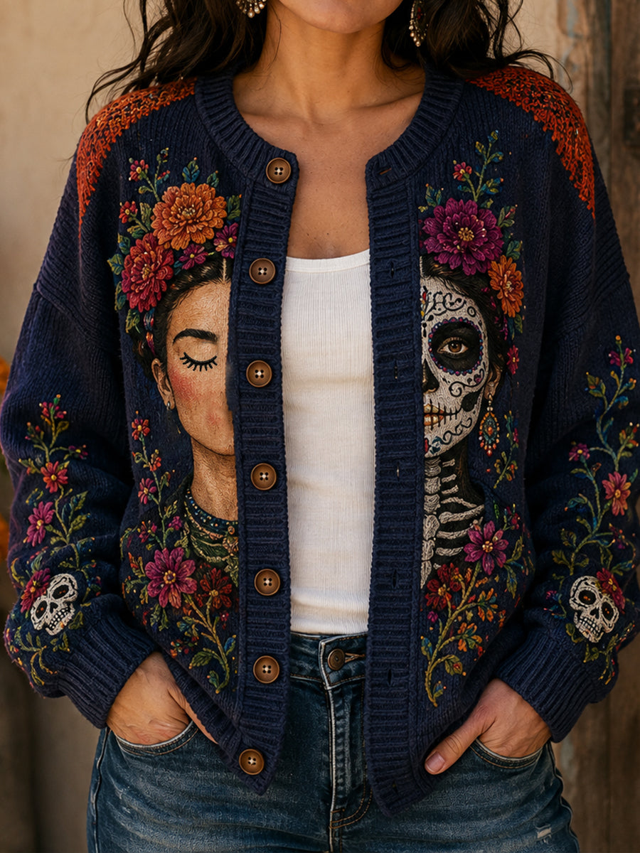 Chaqueta de punto estilo cárdigan para mujer, con estampado floral inspirado en el Día de los Muertos de México