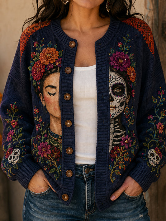 Chaqueta de punto estilo cárdigan para mujer, con estampado floral inspirado en el Día de los Muertos de México