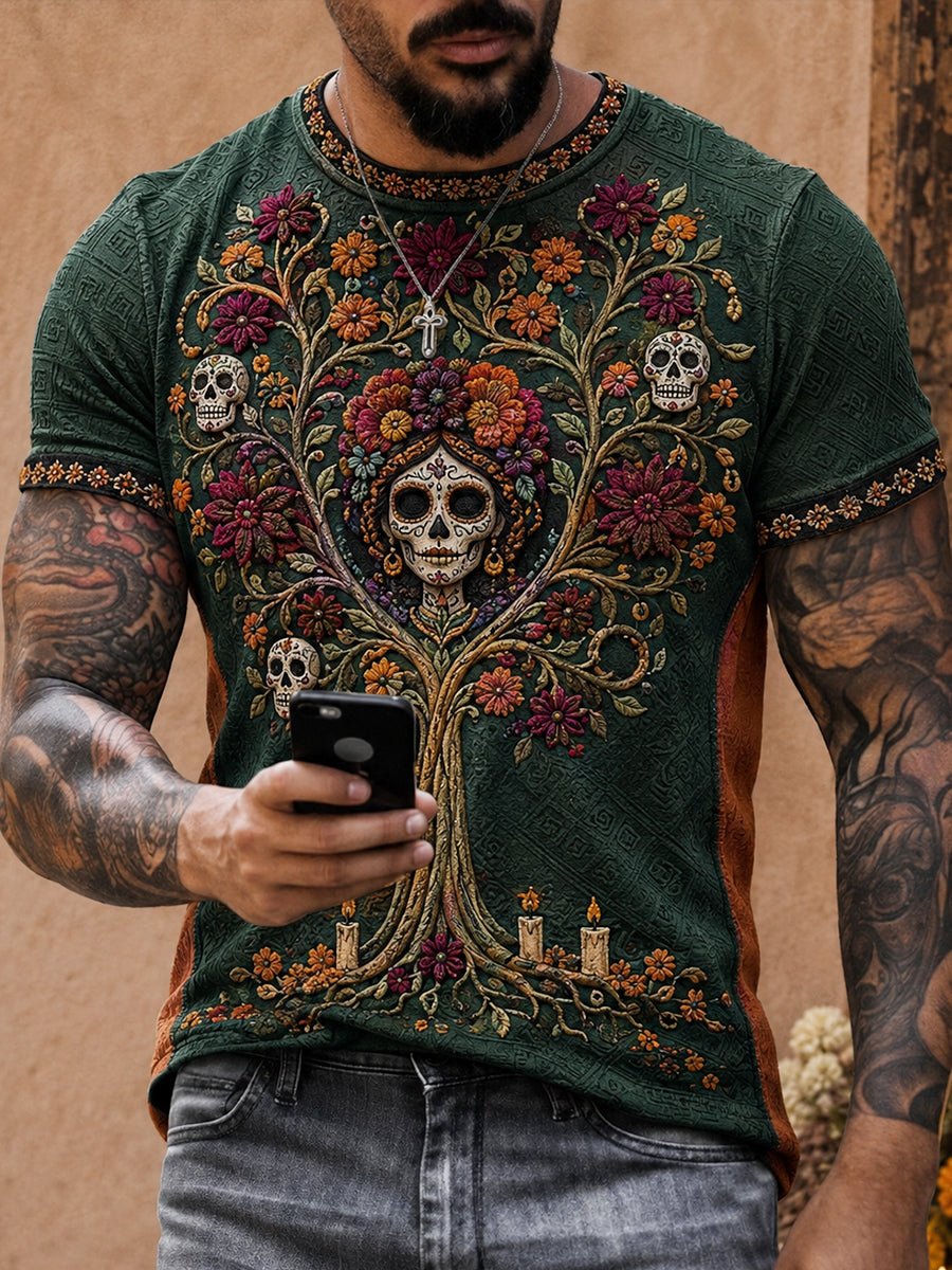 Camiseta para hombre con estampado floral de Día de Muertos mexicano