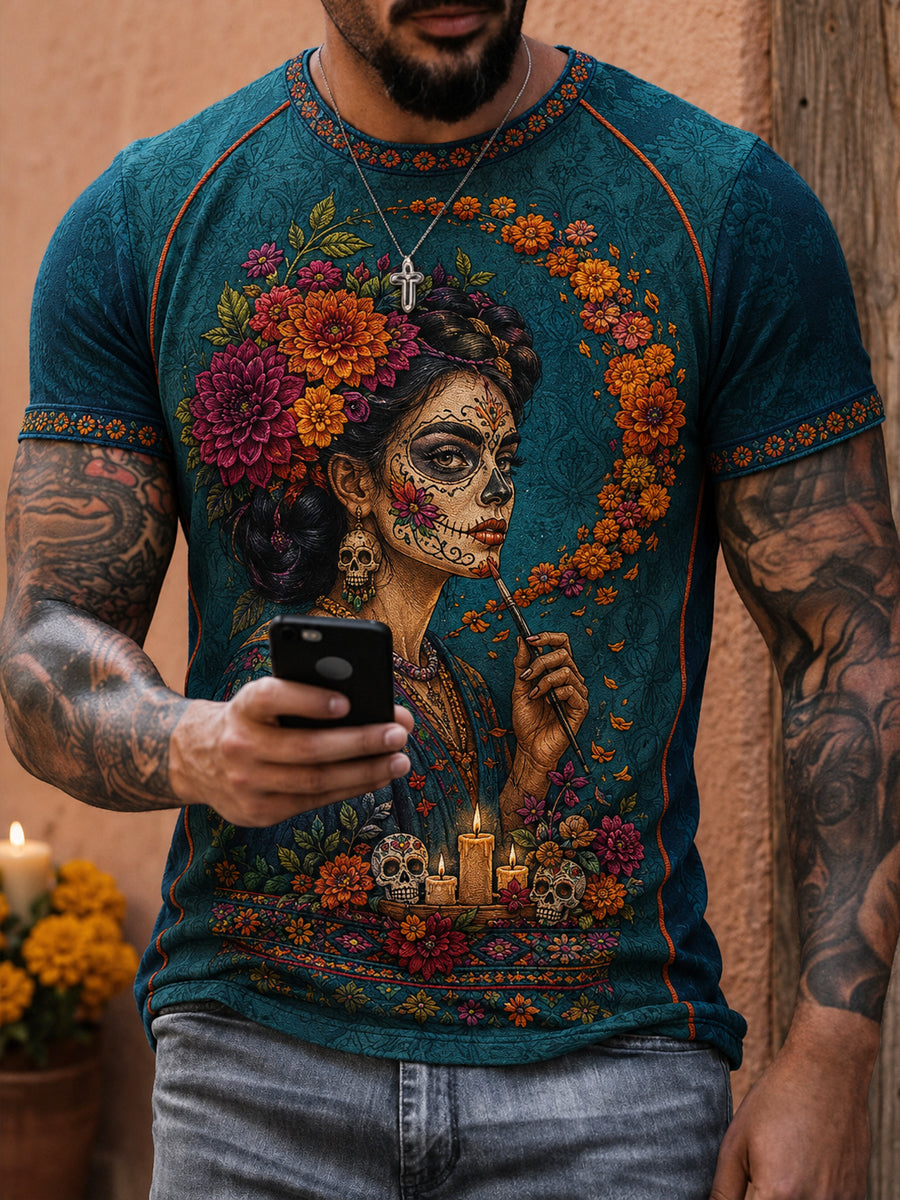 Camiseta para hombre con estampado floral de Día de Muertos mexicano