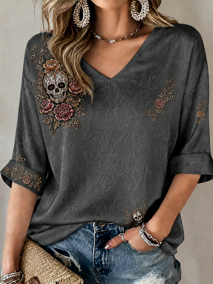 Camiseta de mujer con estampado floral del Día de los Muertos mexicano, mangas a media altura y cuello en V