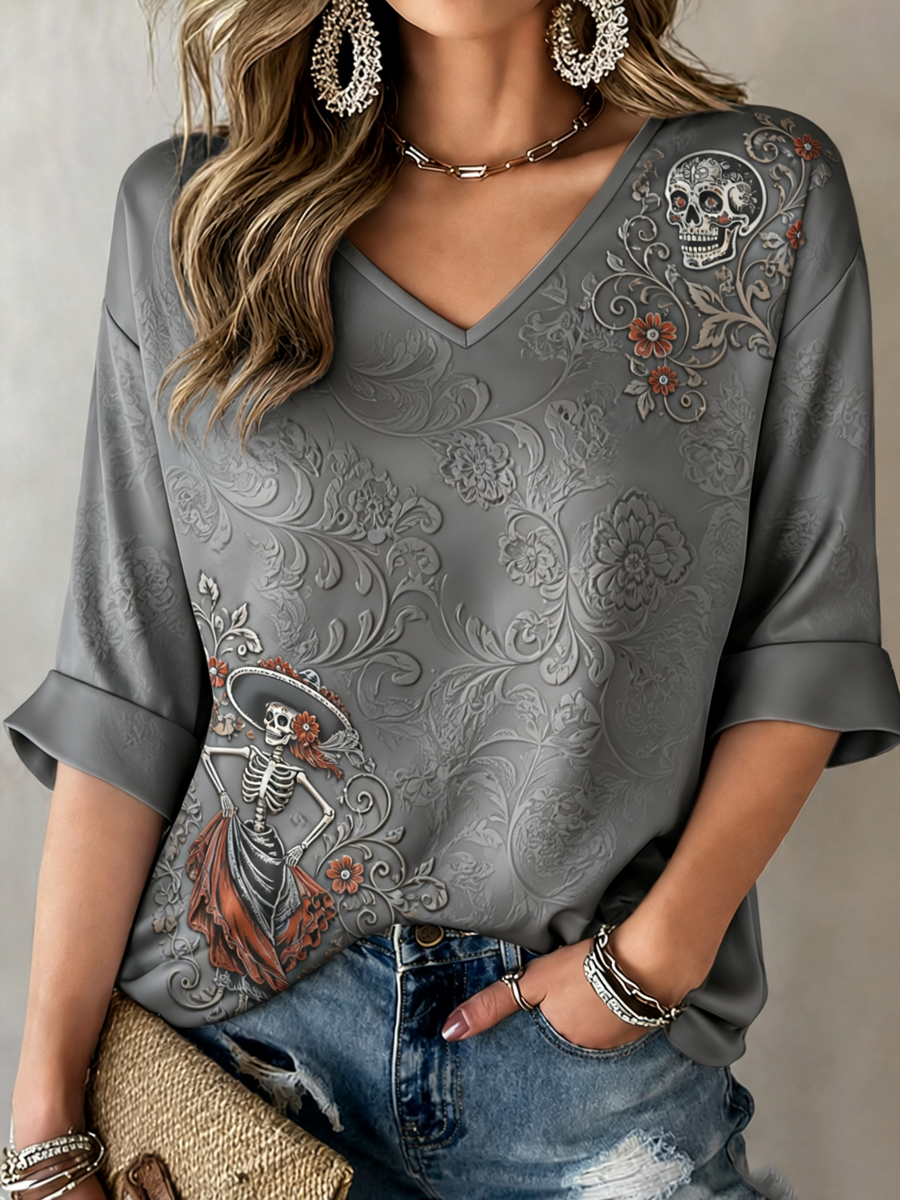 Camiseta de mujer con estampado floral del Día de los Muertos mexicano, mangas a media altura y cuello en V