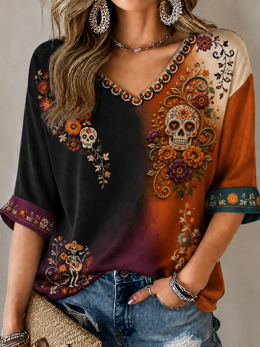 México Día de los Muertos Floral Art Impreso Mediados de longitud mangas V-cuello de la camiseta de las mujeres