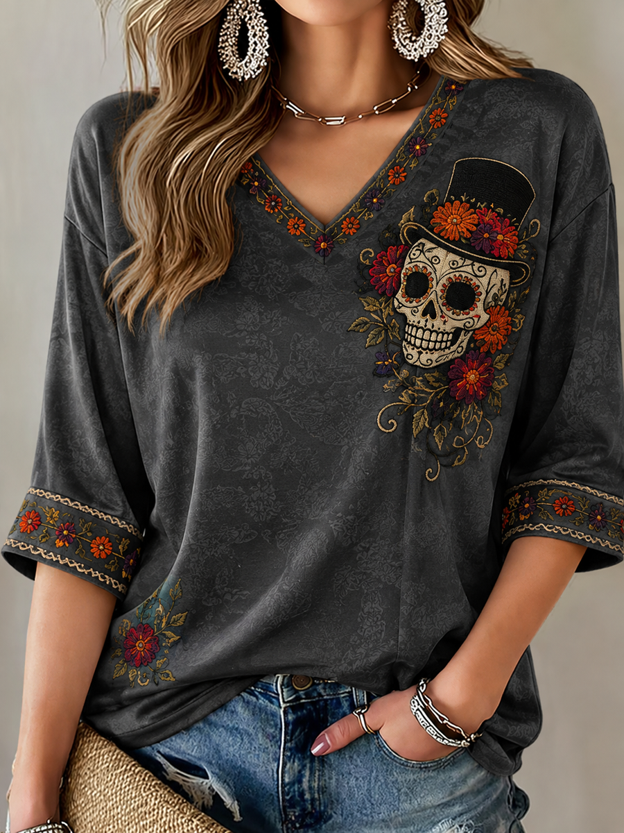 Camiseta de mujer con estampado floral del Día de los Muertos mexicano, mangas a media altura y cuello en V