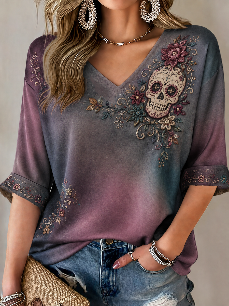 Camiseta de mujer con estampado floral del Día de los Muertos mexicano, mangas a media altura y cuello en V