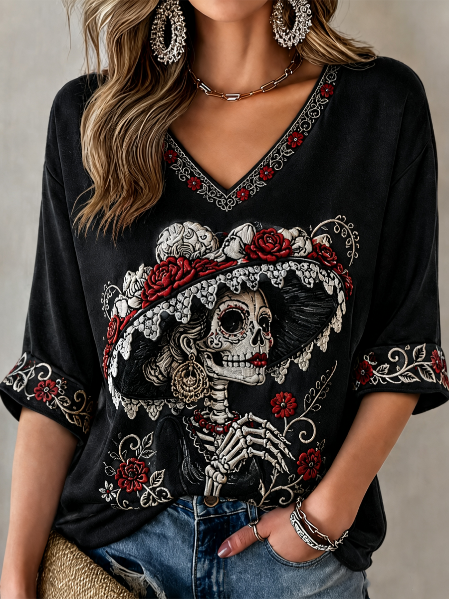 Camiseta de mujer con estampado floral del Día de los Muertos mexicano, mangas a media altura y cuello en V