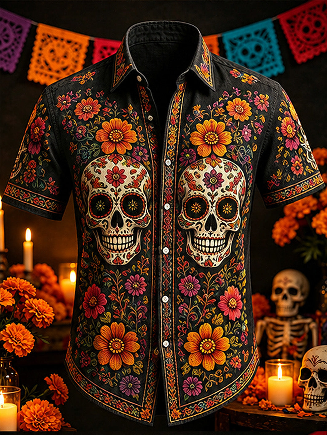 Camisa de manga corta casual con estampado de calaveras y calaveras para hombre