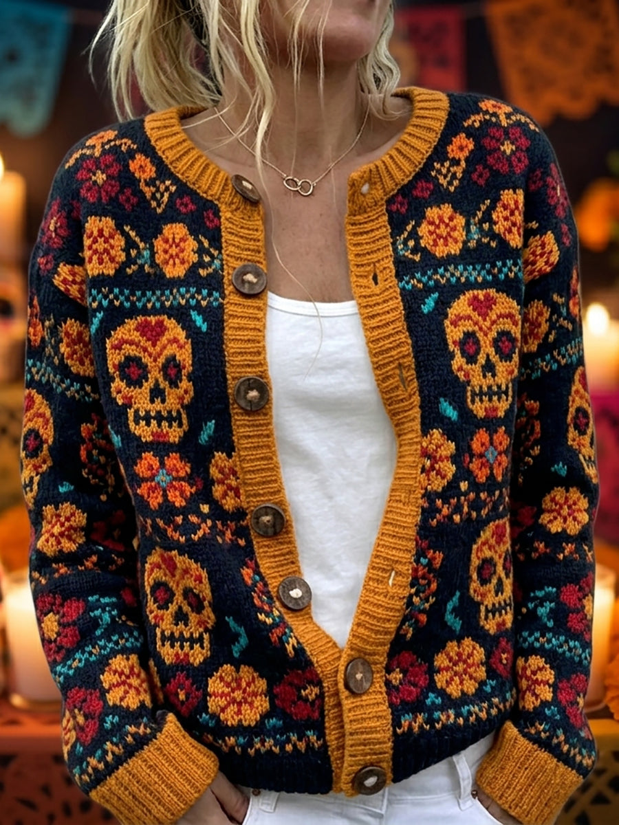 Cárdigan cómodo con diseño de calavera de azúcar del Día de Muertos y estampado floral mexicano para mujer